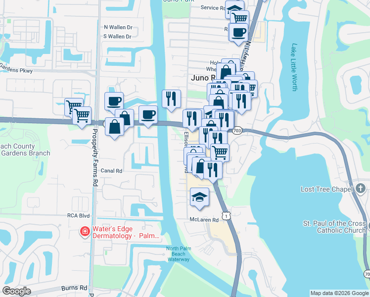 map of restaurants, bars, coffee shops, grocery stores, and more near 11409 Ellison Wilson Road in Palm Beach Gardens