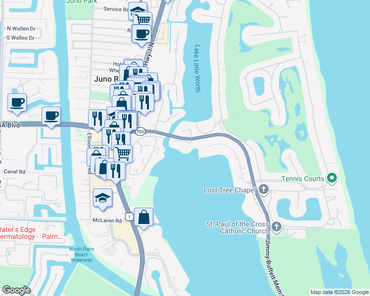 map of restaurants, bars, coffee shops, grocery stores, and more near 1941 Portage Landing South in North Palm Beach