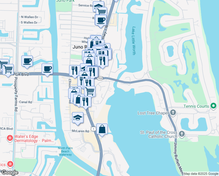 map of restaurants, bars, coffee shops, grocery stores, and more near 11370 12 Oaks Way in North Palm Beach