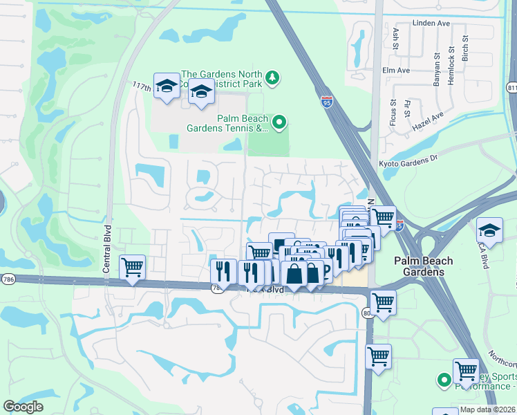 map of restaurants, bars, coffee shops, grocery stores, and more near 1905 19th Lane in Palm Beach Gardens