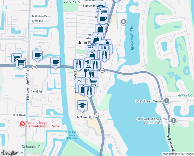 map of restaurants, bars, coffee shops, grocery stores, and more near 11340 U.S. 1 in North Palm Beach