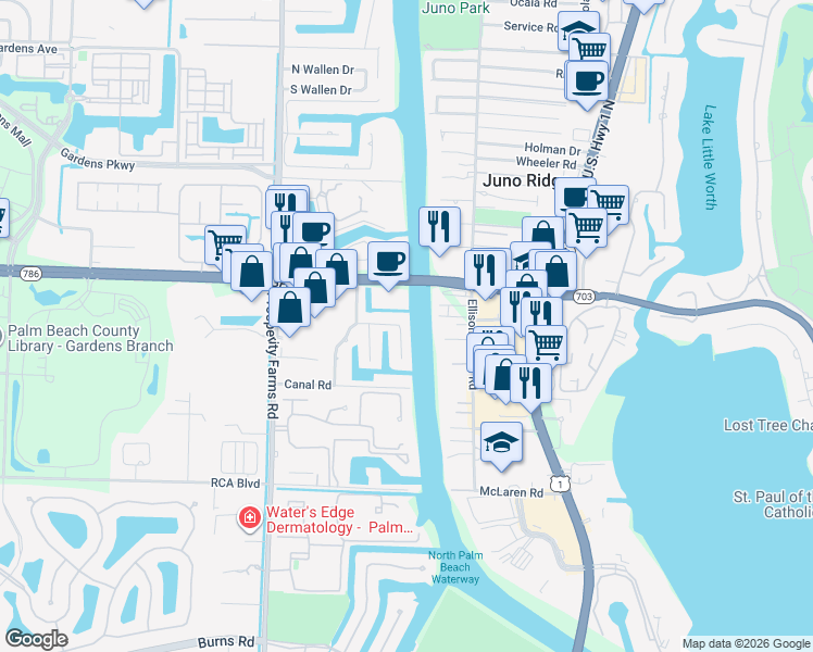 map of restaurants, bars, coffee shops, grocery stores, and more near 11350 Teach Road in Palm Beach Gardens