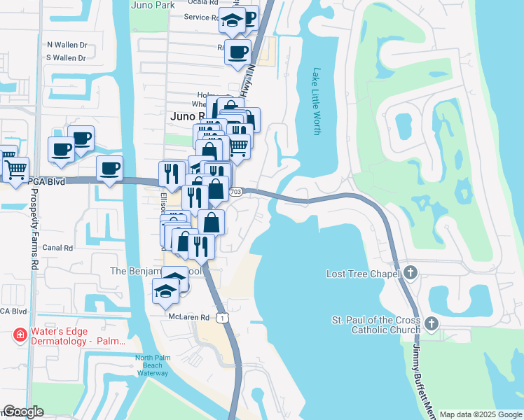 map of restaurants, bars, coffee shops, grocery stores, and more near 11370 12 Oaks Way in North Palm Beach