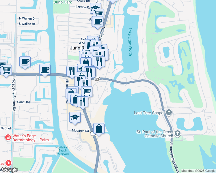 map of restaurants, bars, coffee shops, grocery stores, and more near 11370 12 Oaks Way in North Palm Beach