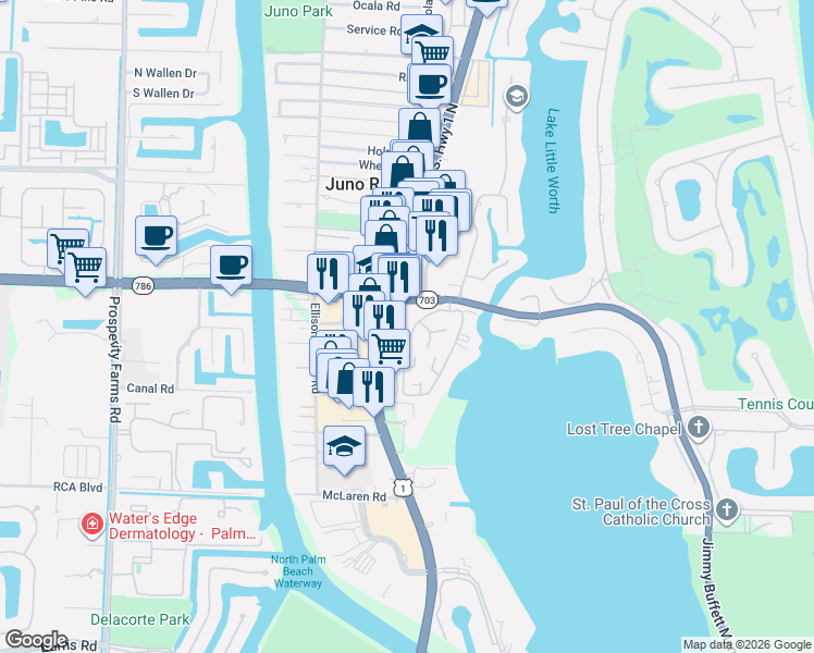 map of restaurants, bars, coffee shops, grocery stores, and more near 11340 U.S. 1 in North Palm Beach