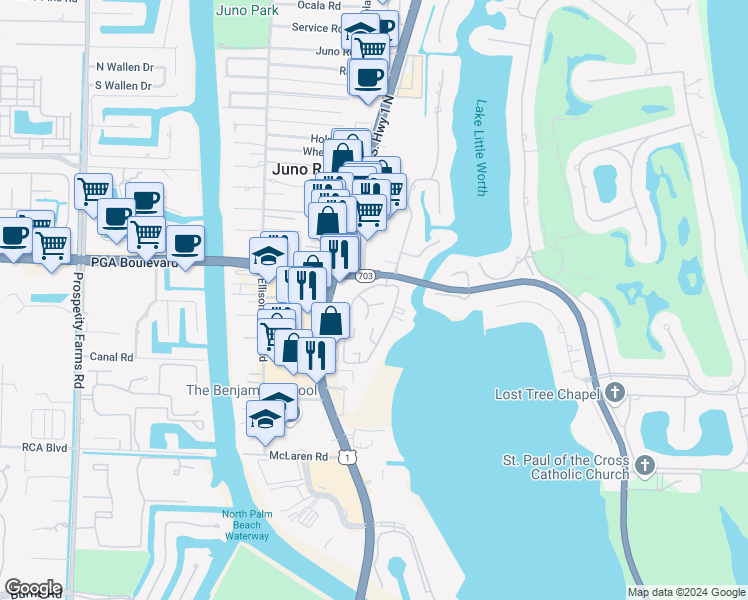 map of restaurants, bars, coffee shops, grocery stores, and more near 11385 Indian Shore Drive in North Palm Beach