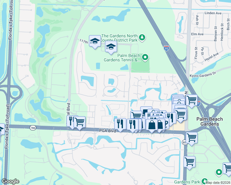 map of restaurants, bars, coffee shops, grocery stores, and more near 1051 Shady Lakes Circle in Palm Beach Gardens