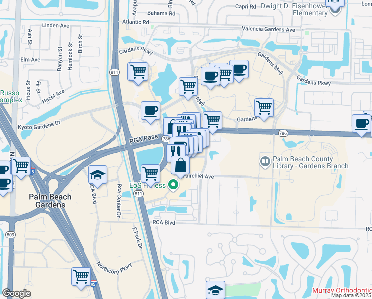 map of restaurants, bars, coffee shops, grocery stores, and more near Legacy Place in Palm Beach Gardens
