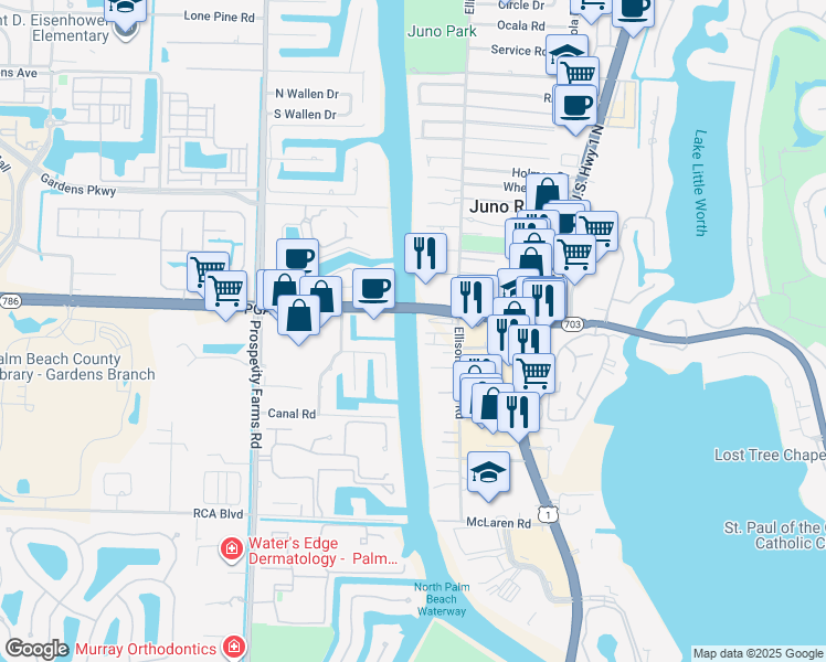 map of restaurants, bars, coffee shops, grocery stores, and more near 2200 PGA Boulevard in North Palm Beach