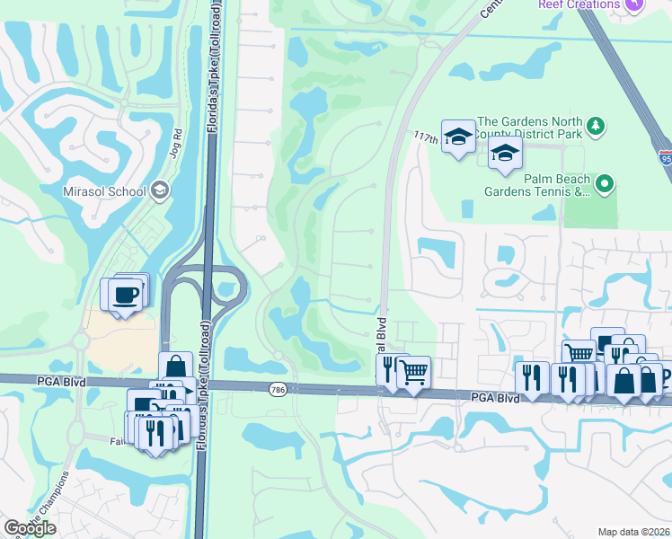 map of restaurants, bars, coffee shops, grocery stores, and more near 11302 Caladium Lane in Palm Beach Gardens