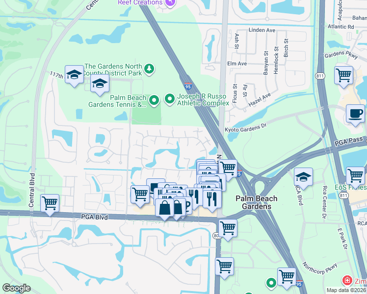 map of restaurants, bars, coffee shops, grocery stores, and more near 1110 11th Lane in Palm Beach Gardens