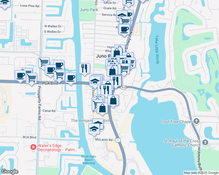 map of restaurants, bars, coffee shops, grocery stores, and more near 2000 PGA Boulevard in Palm Beach Gardens