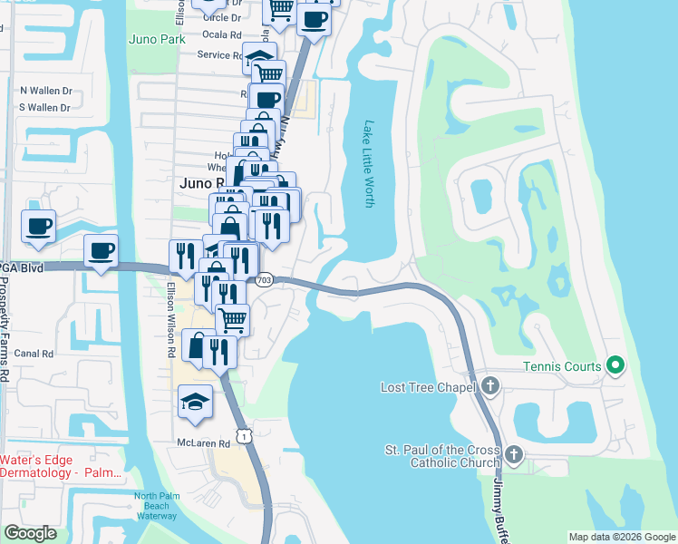 map of restaurants, bars, coffee shops, grocery stores, and more near 1962 Portage Landing South in North Palm Beach