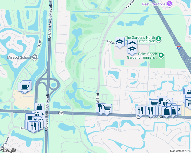 map of restaurants, bars, coffee shops, grocery stores, and more near 11314 Caladium Lane in Palm Beach Gardens