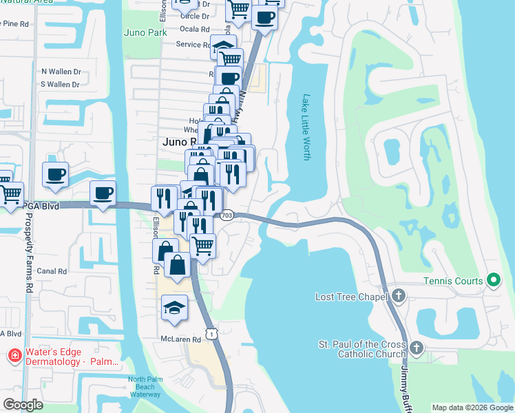 map of restaurants, bars, coffee shops, grocery stores, and more near 1568 Point Way in North Palm Beach