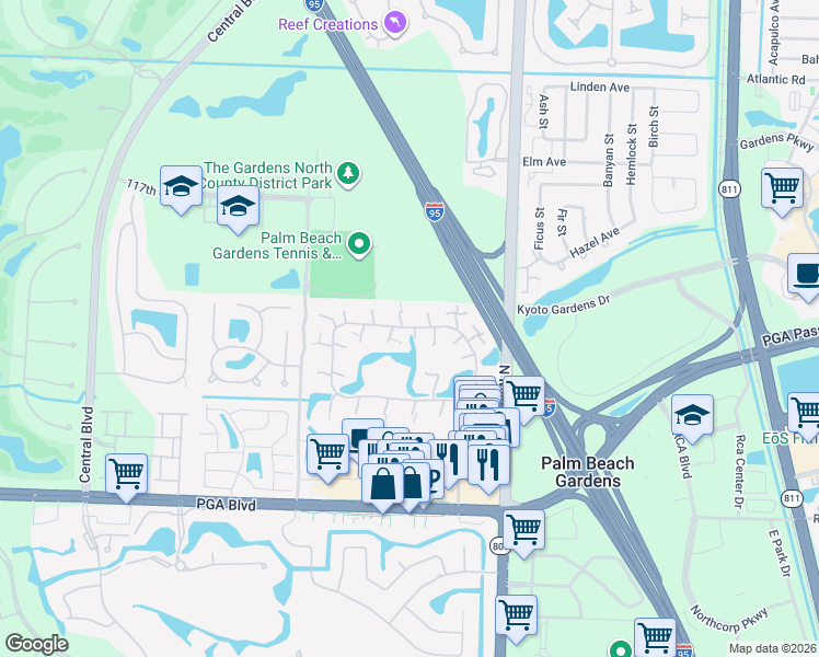 map of restaurants, bars, coffee shops, grocery stores, and more near Garden Lakes Circle in Palm Beach Gardens