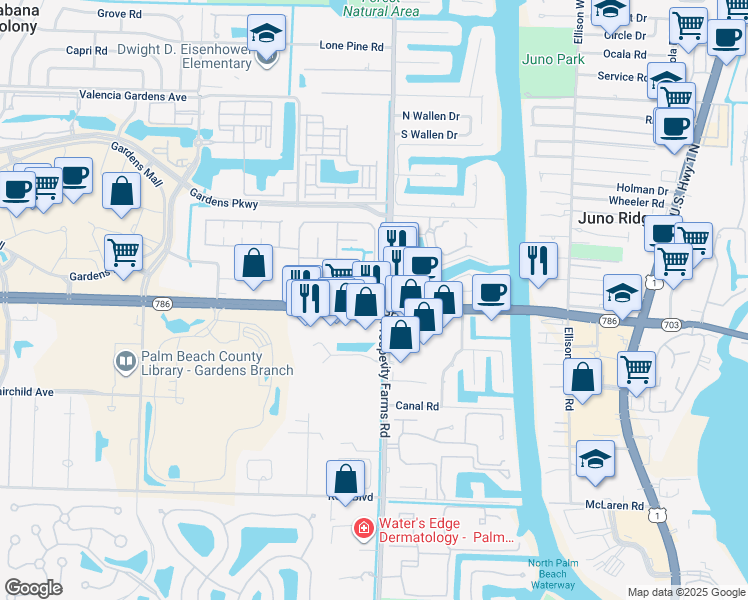 map of restaurants, bars, coffee shops, grocery stores, and more near 72 Meadow Lane West in Palm Beach Gardens