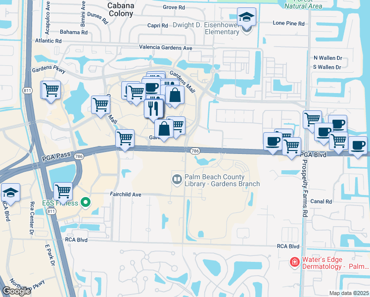 map of restaurants, bars, coffee shops, grocery stores, and more near PGA Boulevard & Kew Gardens Ave in Palm Beach Gardens