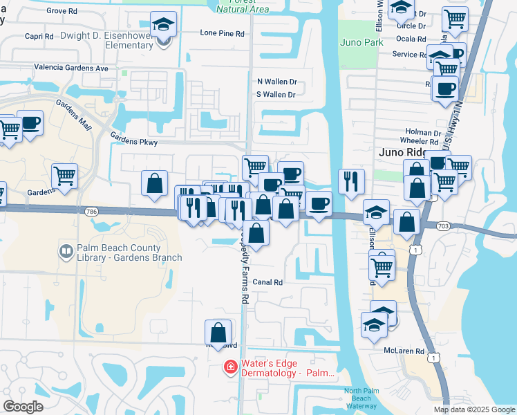 map of restaurants, bars, coffee shops, grocery stores, and more near 2401 PGA Boulevard in Palm Beach Gardens