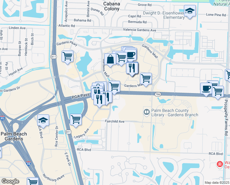 map of restaurants, bars, coffee shops, grocery stores, and more near 3399 PGA Boulevard in Palm Beach Gardens