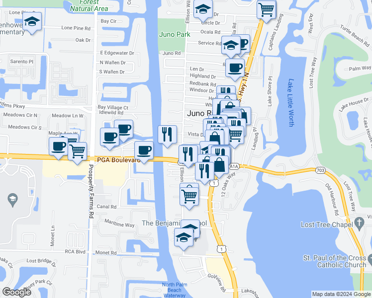 map of restaurants, bars, coffee shops, grocery stores, and more near 1971 Smith Drive in North Palm Beach
