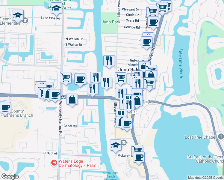 map of restaurants, bars, coffee shops, grocery stores, and more near 2030 South Waterway Drive in North Palm Beach