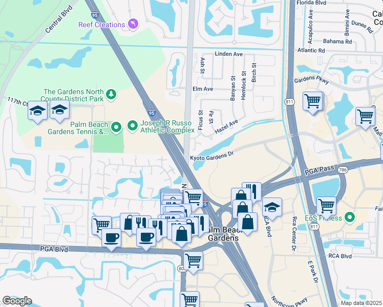 map of restaurants, bars, coffee shops, grocery stores, and more near 11585 Winchester Drive in Palm Beach Gardens