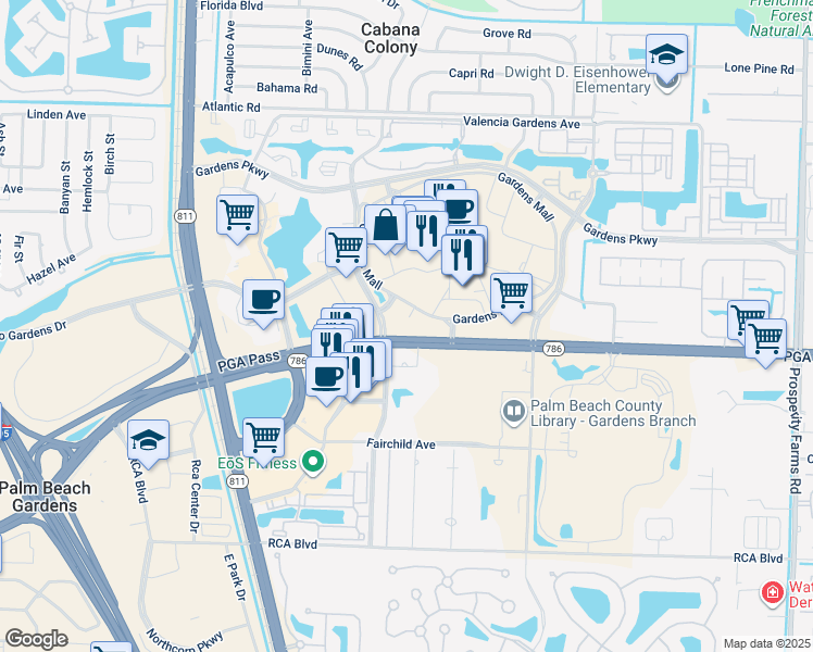 map of restaurants, bars, coffee shops, grocery stores, and more near 3399 PGA Boulevard in Palm Beach Gardens