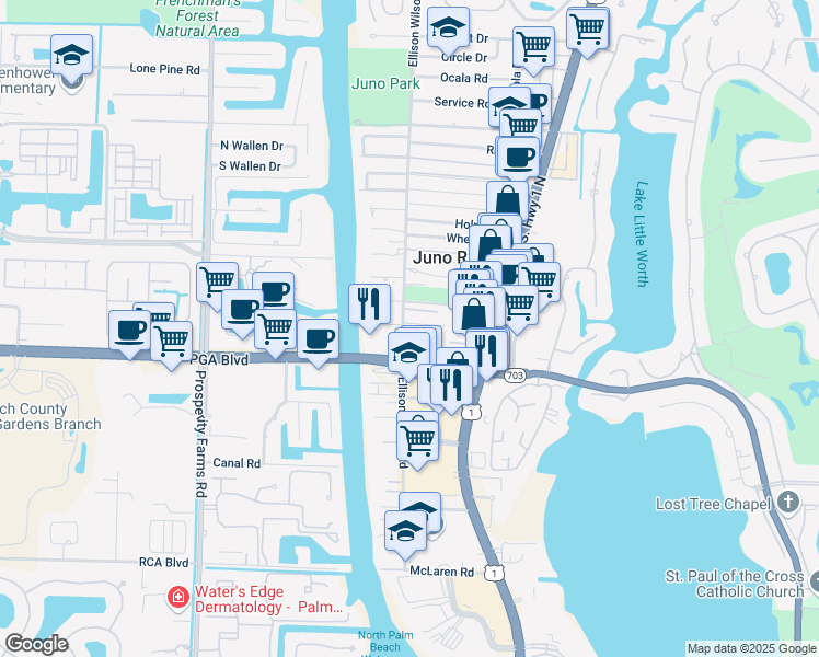map of restaurants, bars, coffee shops, grocery stores, and more near 1971 Smith Drive in North Palm Beach