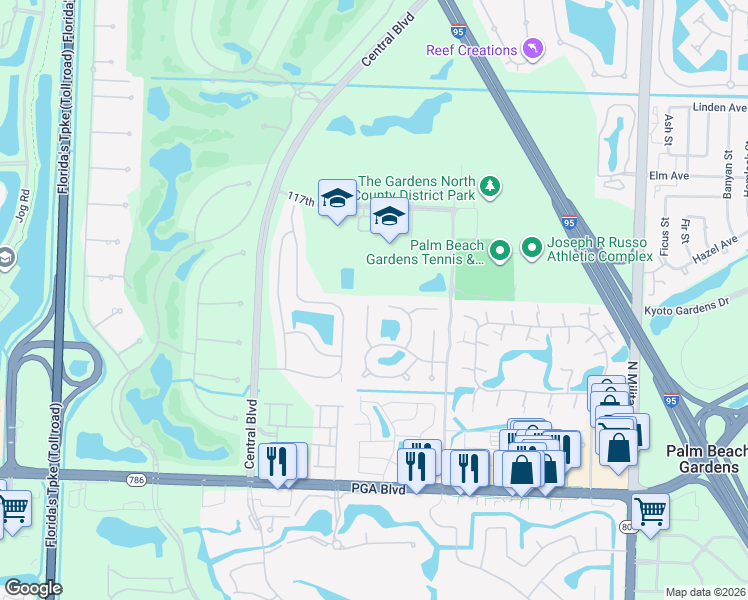 map of restaurants, bars, coffee shops, grocery stores, and more near 5014 Whispering Hollow in Palm Beach Gardens