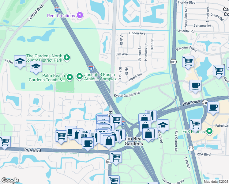 map of restaurants, bars, coffee shops, grocery stores, and more near 11585 Winchester Drive in Palm Beach Gardens