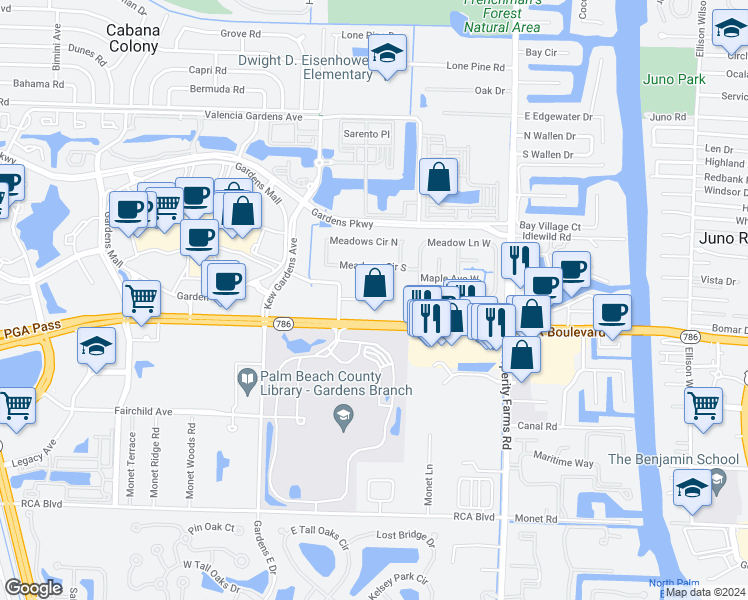 map of restaurants, bars, coffee shops, grocery stores, and more near Pga Boulevard in Palm Beach Gardens