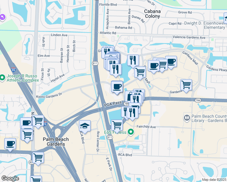 map of restaurants, bars, coffee shops, grocery stores, and more near 3803 PGA Boulevard in Palm Beach Gardens