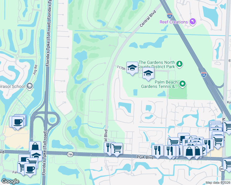 map of restaurants, bars, coffee shops, grocery stores, and more near 186 Bent Tree Drive in Palm Beach Gardens