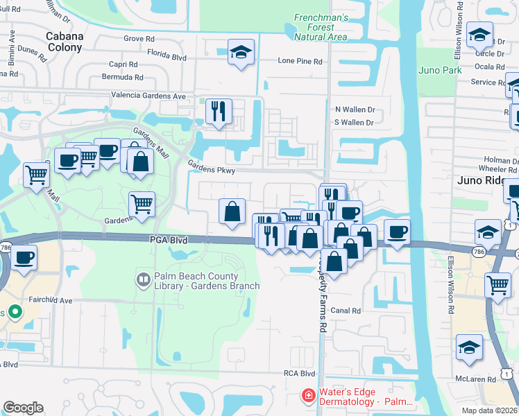 map of restaurants, bars, coffee shops, grocery stores, and more near 31 Meadow Lane West in Palm Beach Gardens
