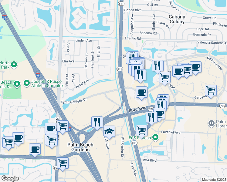 map of restaurants, bars, coffee shops, grocery stores, and more near Kyoto Gardens Drive in Palm Beach Gardens