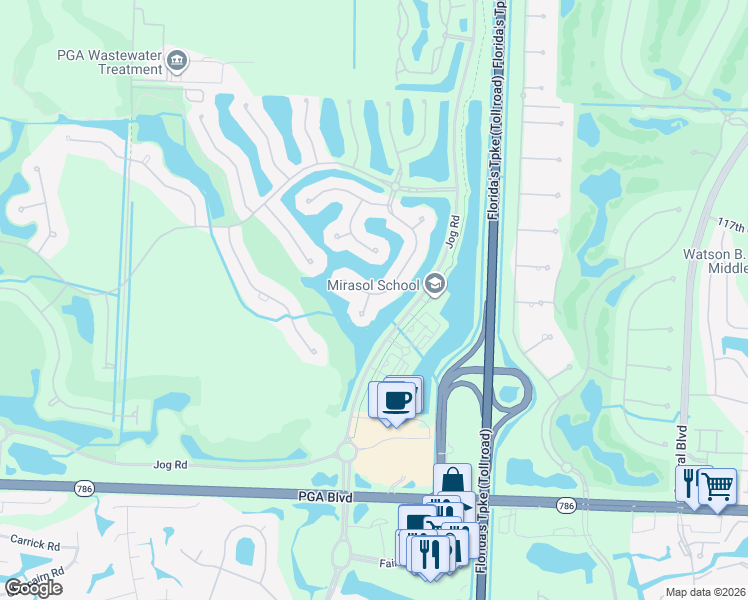 map of restaurants, bars, coffee shops, grocery stores, and more near 502 Vía Toledo in Palm Beach Gardens