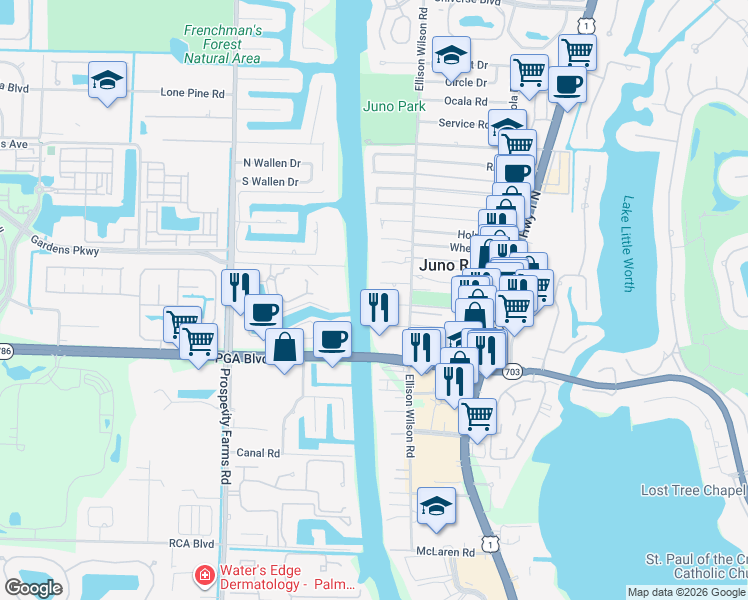 map of restaurants, bars, coffee shops, grocery stores, and more near 2081 Vista Drive in North Palm Beach