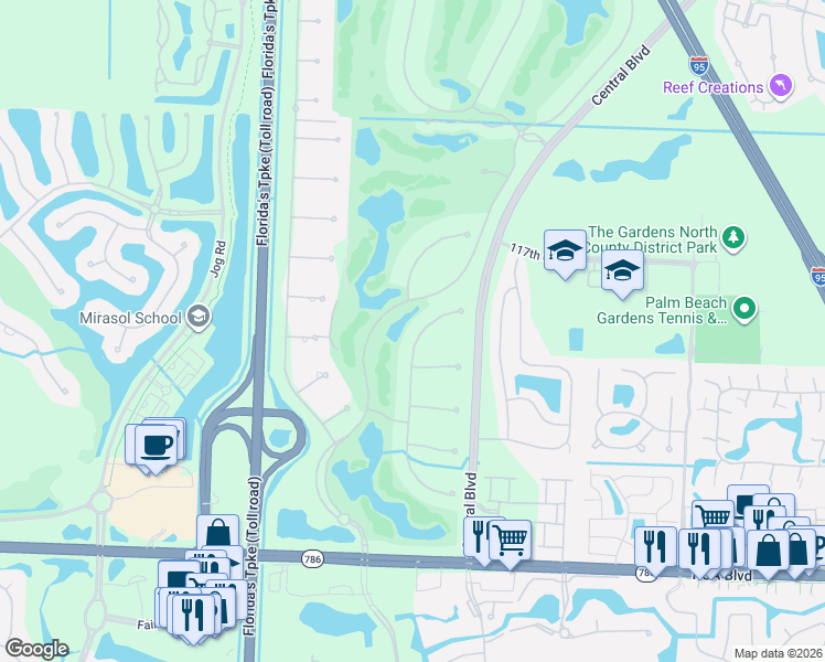 map of restaurants, bars, coffee shops, grocery stores, and more near 11529 Green Bayberry Drive in Palm Beach Gardens
