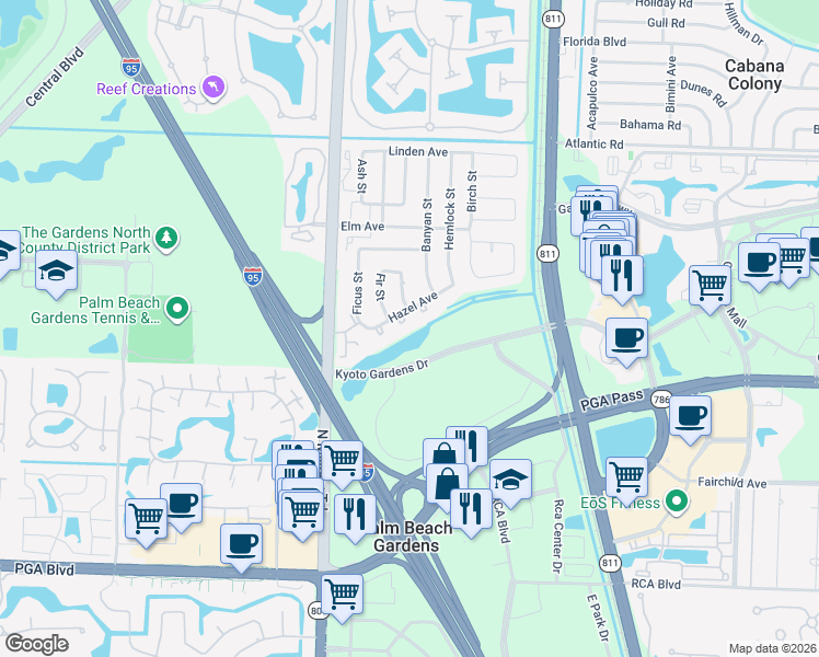 map of restaurants, bars, coffee shops, grocery stores, and more near 4328 Hazel Avenue in Palm Beach Gardens