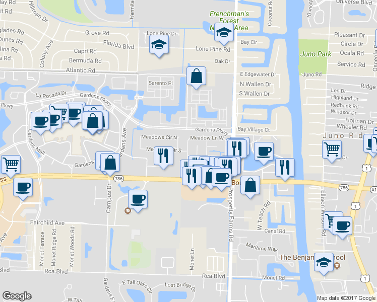 map of restaurants, bars, coffee shops, grocery stores, and more near 31 Meadow Lane West in Palm Beach Gardens