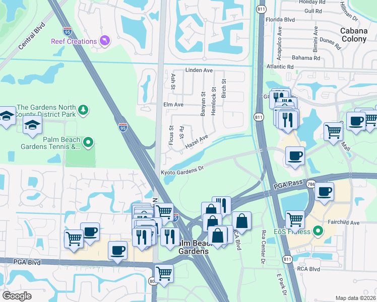 map of restaurants, bars, coffee shops, grocery stores, and more near 4348 Hazel Avenue in Palm Beach Gardens
