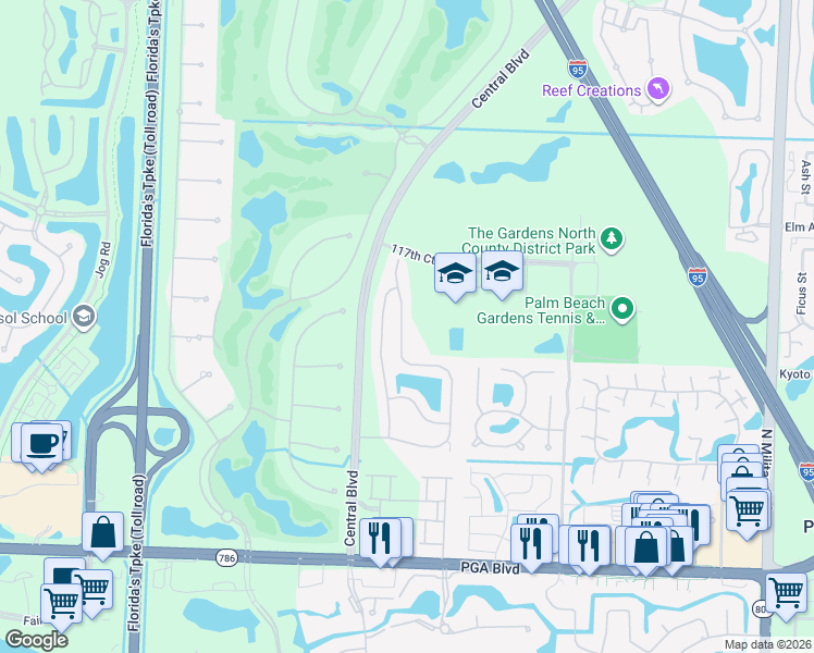 map of restaurants, bars, coffee shops, grocery stores, and more near 186 Bent Tree Drive in Palm Beach Gardens