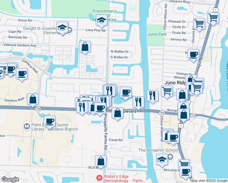 map of restaurants, bars, coffee shops, grocery stores, and more near 2401 PGA Boulevard in Palm Beach Gardens