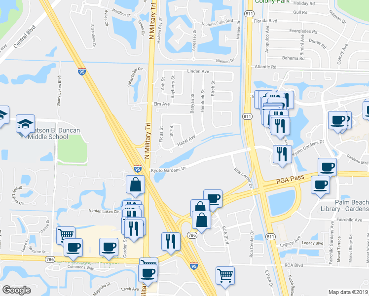 map of restaurants, bars, coffee shops, grocery stores, and more near 4328 Hazel Avenue in Palm Beach Gardens