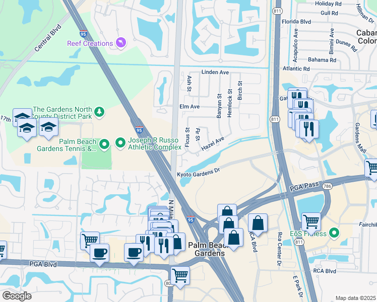 map of restaurants, bars, coffee shops, grocery stores, and more near 11536 Ficus Street in Palm Beach Gardens