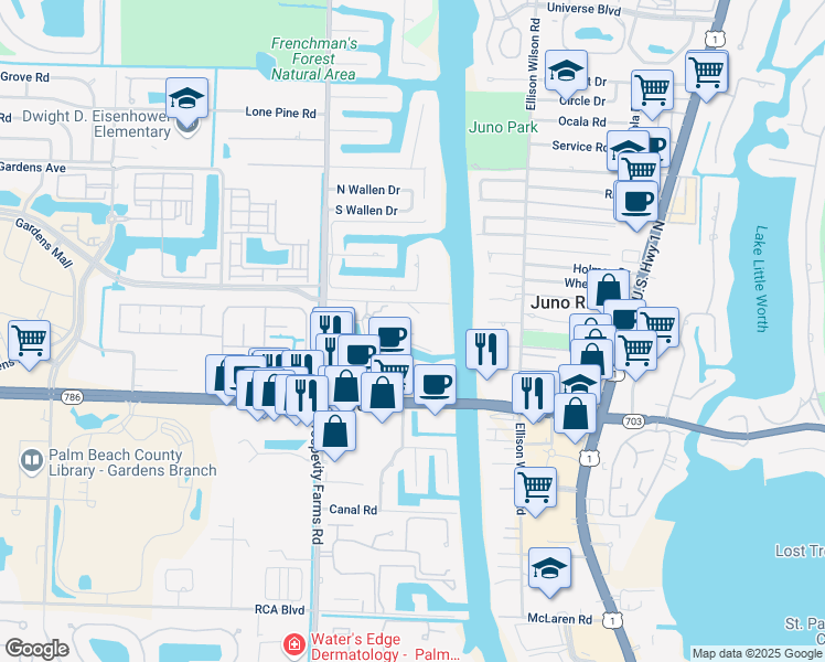map of restaurants, bars, coffee shops, grocery stores, and more near 28 Marina Gardens Drive in Palm Beach Gardens