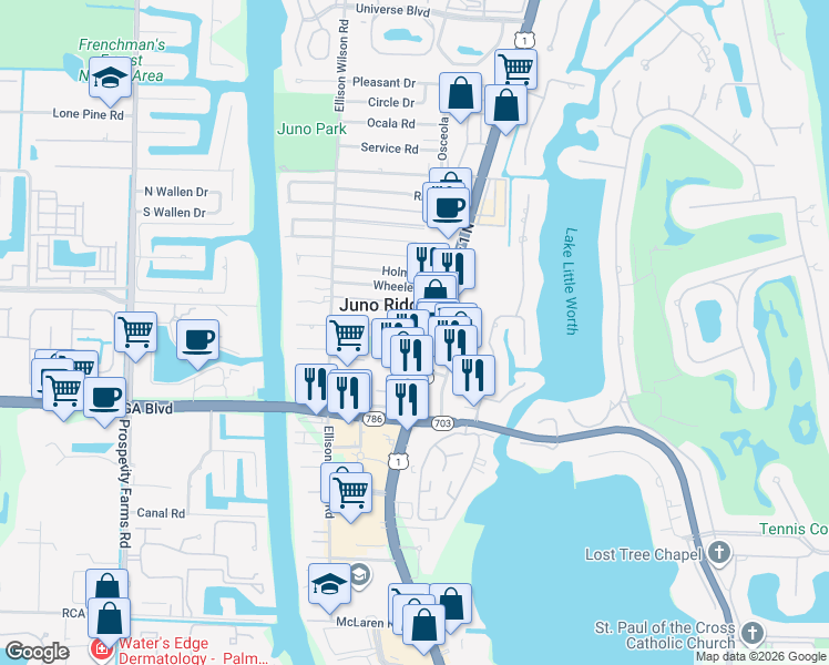 map of restaurants, bars, coffee shops, grocery stores, and more near 11701 U.S. 1 in North Palm Beach