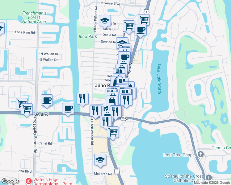 map of restaurants, bars, coffee shops, grocery stores, and more near 11701 U.S. 1 in North Palm Beach