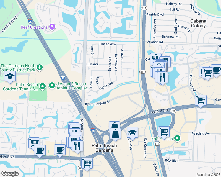 map of restaurants, bars, coffee shops, grocery stores, and more near 4328 Hazel Avenue in Palm Beach Gardens